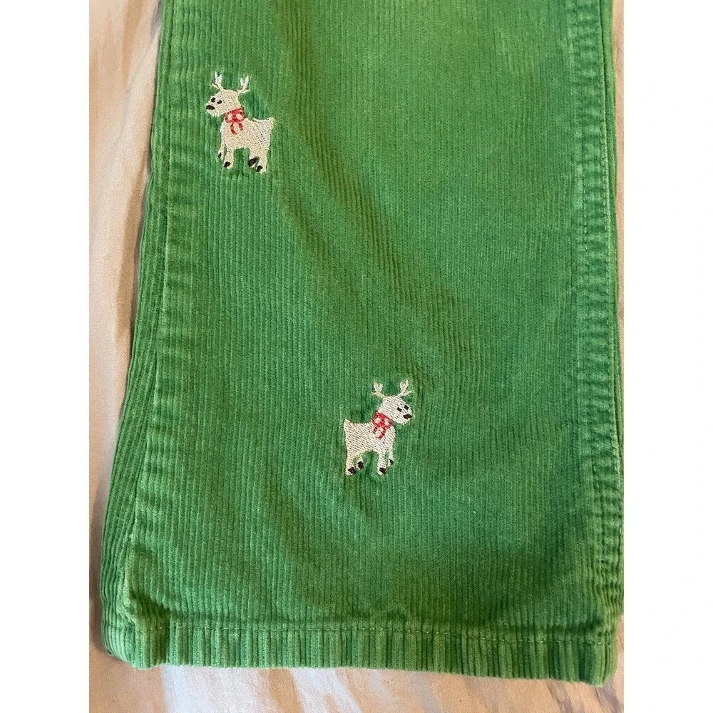 Lands End Kids Embroidered Reindeer Green Corduroy Pants Size 4 Girls Christmas